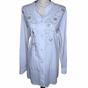 White Embellished Long Sleeve Button-Up Tunic